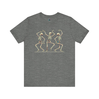 Deep heather grey t-shirt with trio of joyful skeletons dancing across the chest in a fun Halloween graphic style.