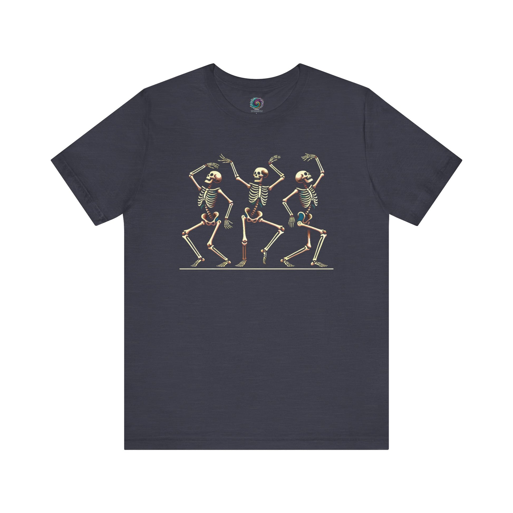 Heather navy t-shirt with three skeletons in mid-dance pose, celebrating spooky season with retro charm.
