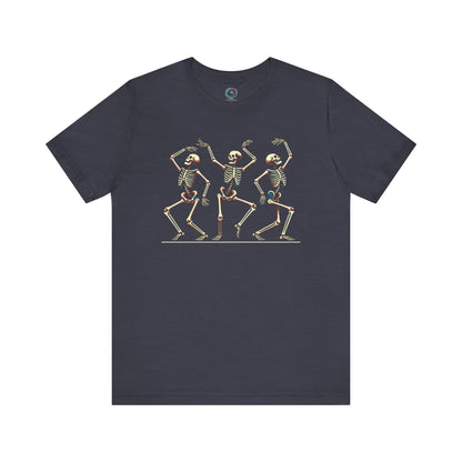 Heather navy t-shirt with three skeletons in mid-dance pose, celebrating spooky season with retro charm.