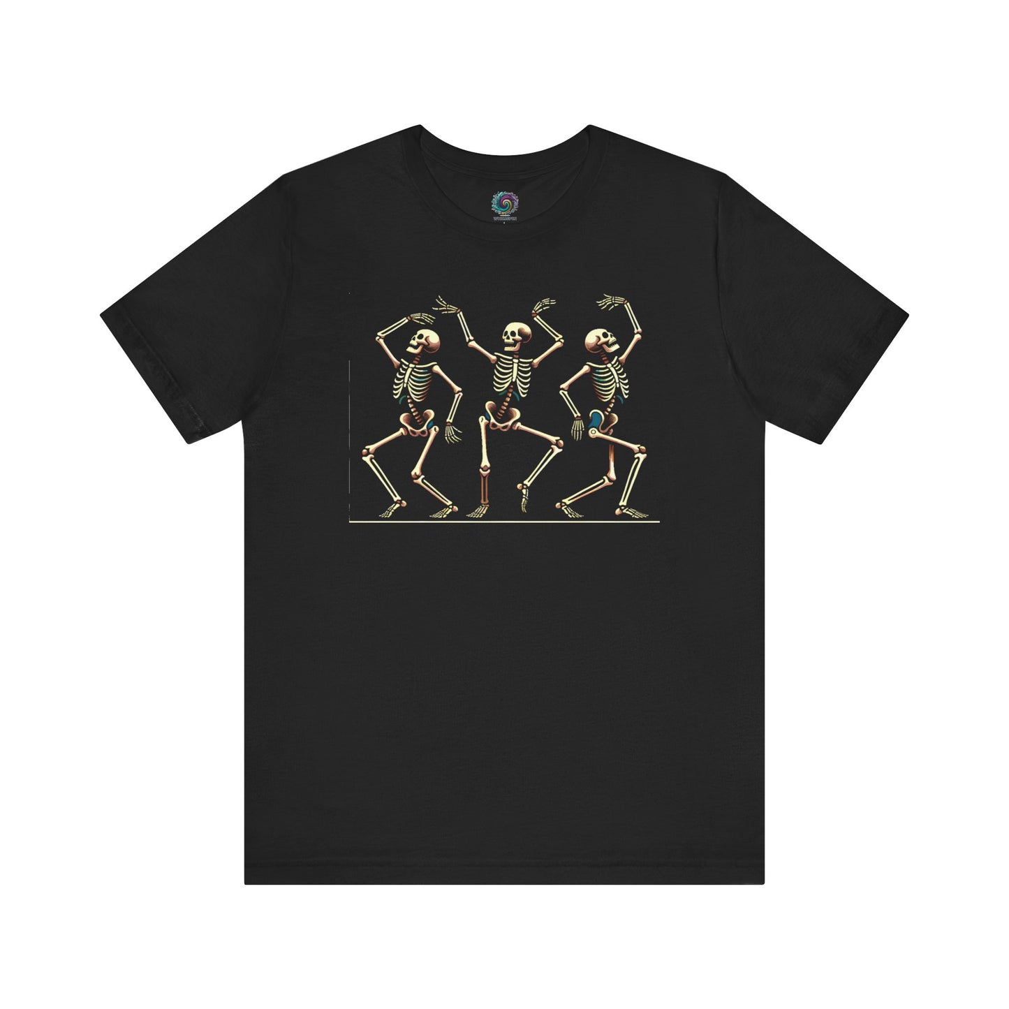 Dancing Skeleton T-Shirt – Funny Halloween Skeleton Shirt for Spooky Season, Black tee featuring retro-style skeletons mid-dance, designed with a playful spooky energy ideal for Halloween celebrations.