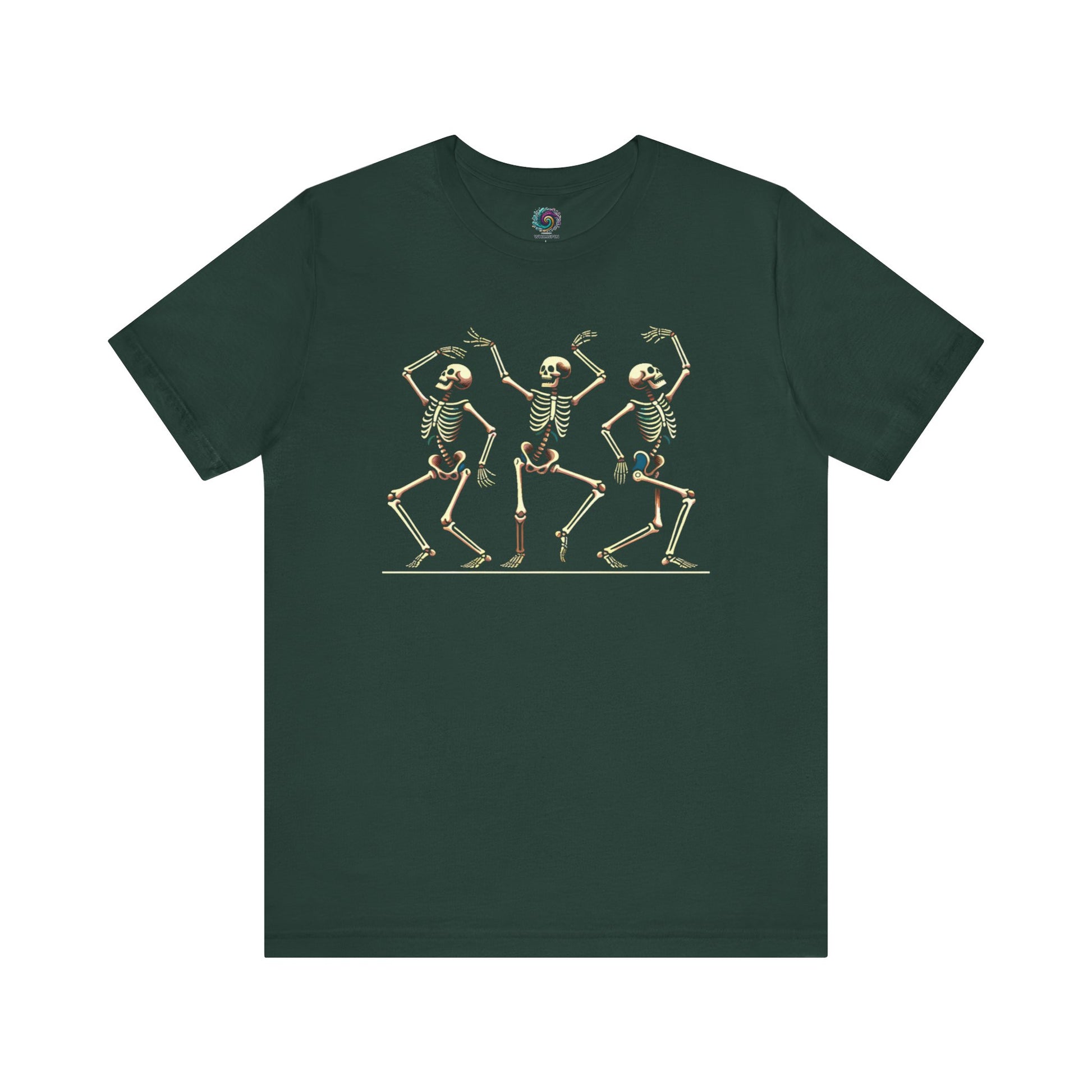 Forest green tee with playful dancing skeletons, combining creepy and cute Halloween energy in a minimalist retro design.