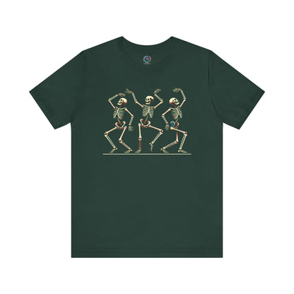 Forest green tee with playful dancing skeletons, combining creepy and cute Halloween energy in a minimalist retro design.