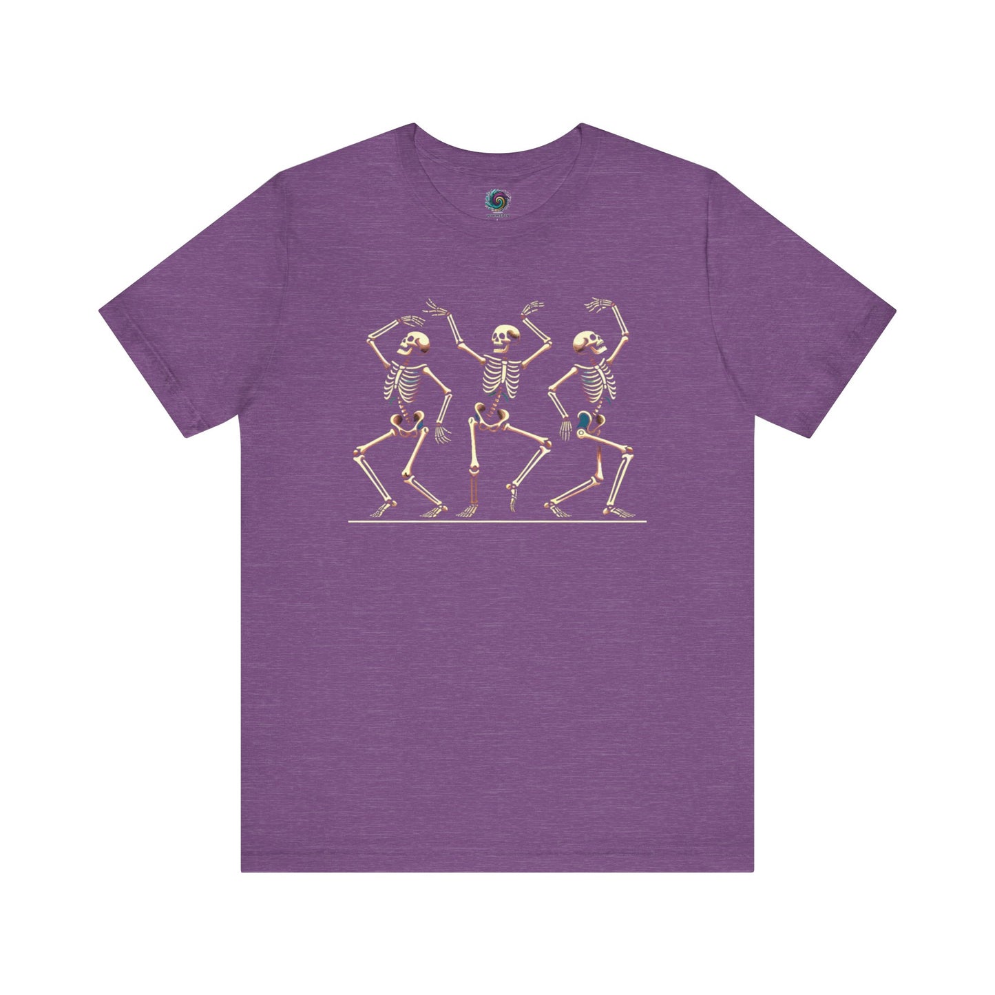 Heather team purple t-shirt with fun dancing skeleton artwork—an ideal mix of Halloween whimsy and gothic energy.