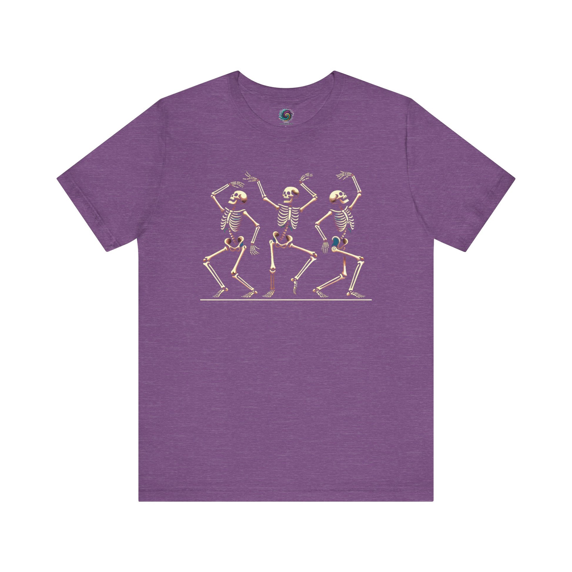 Heather team purple t-shirt with fun dancing skeleton artwork—an ideal mix of Halloween whimsy and gothic energy.