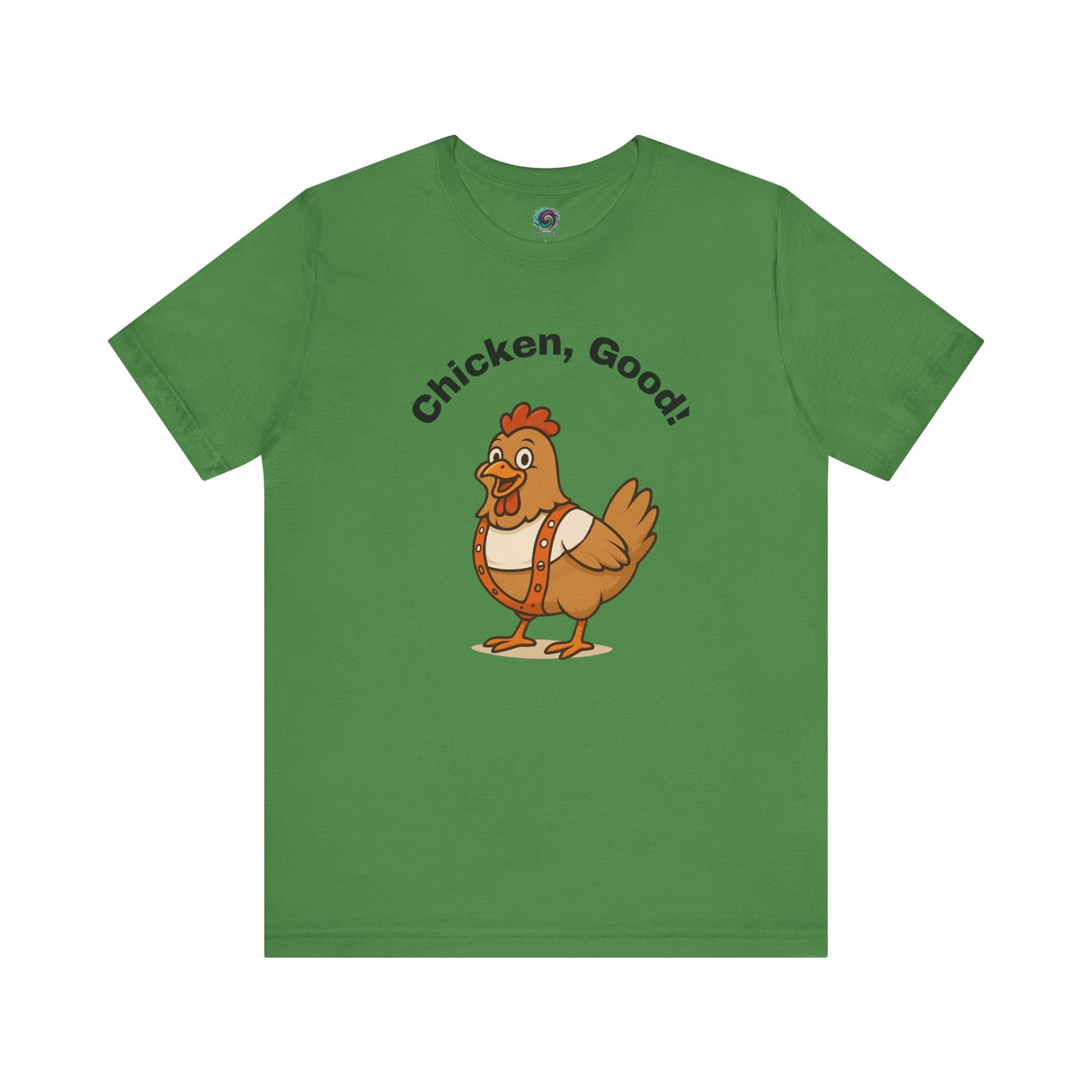 Chicken Good T-Shirt – Sci-Fi Divine Being Parody Chicken Tee in leaf green, perfect for fans of quirky sci-fi humor who are ready to grab a multi-pass