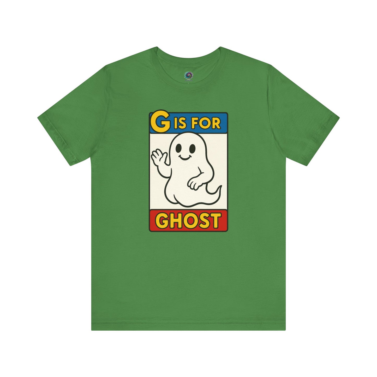 G is for Ghost T-Shirt – Funny Monster Alphabet Halloween Tee in leaf, flat lay ghost alphabet shirt with cartoon ghost illustration.