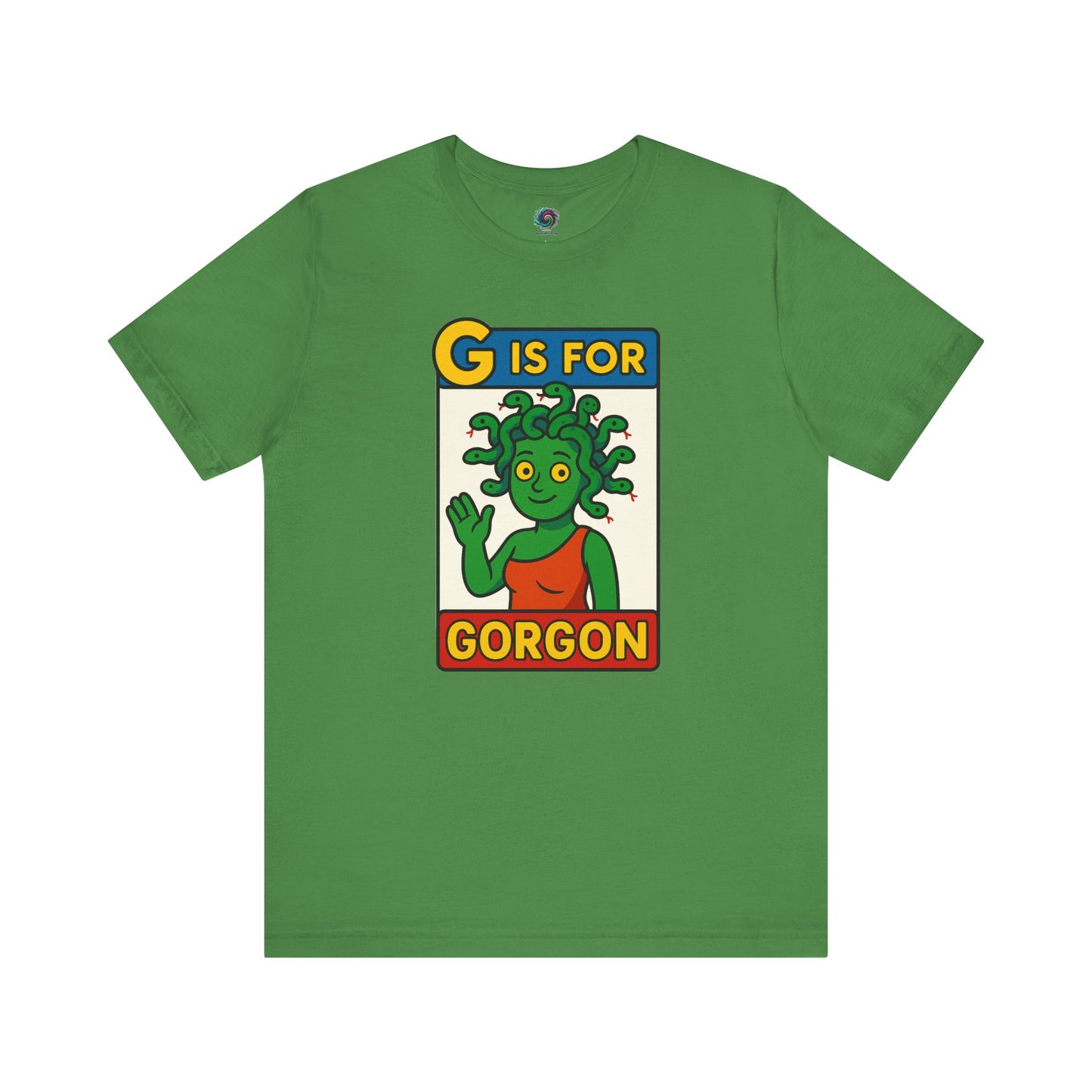 Leaf-colored G is for Gorgon shirt featuring green gorgon head cartoon, halloween gorgon shirt variant.