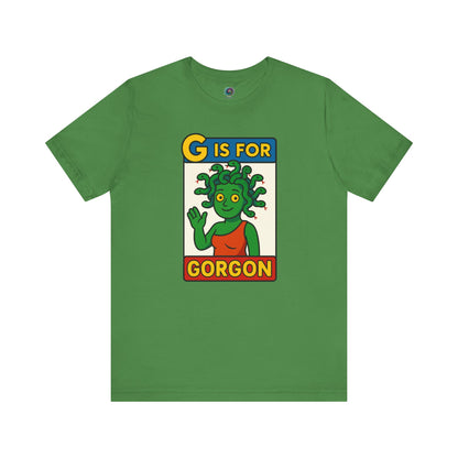 Leaf-colored G is for Gorgon shirt featuring green gorgon head cartoon, halloween gorgon shirt variant.