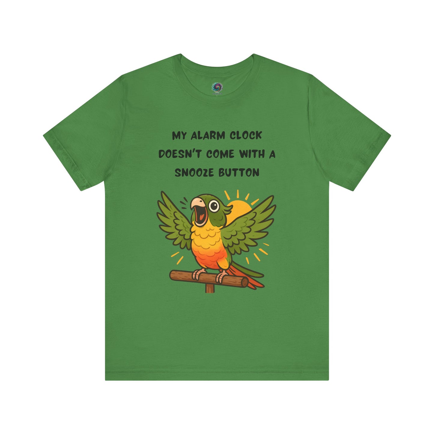 Parrot Alarm Clock T-Shirt – Funny Parrot Wake-Up Call Tee in Leaf green, showcasing the open-winged parrot character, radiating line details, and cheerful morning alarm phrase.