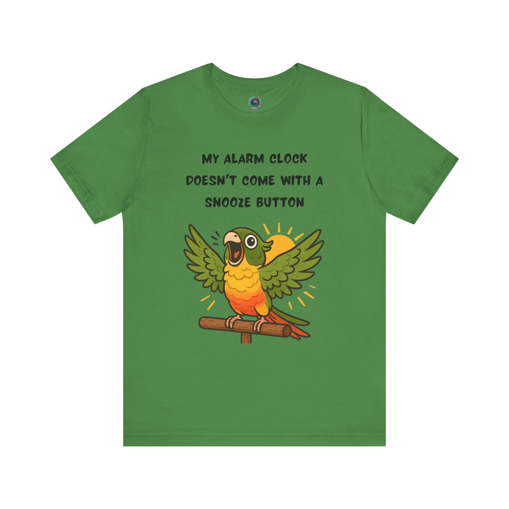 Parrot Alarm Clock T-Shirt – Funny Parrot Wake-Up Call Tee in Leaf green, showcasing the open-winged parrot character, radiating line details, and cheerful morning alarm phrase.