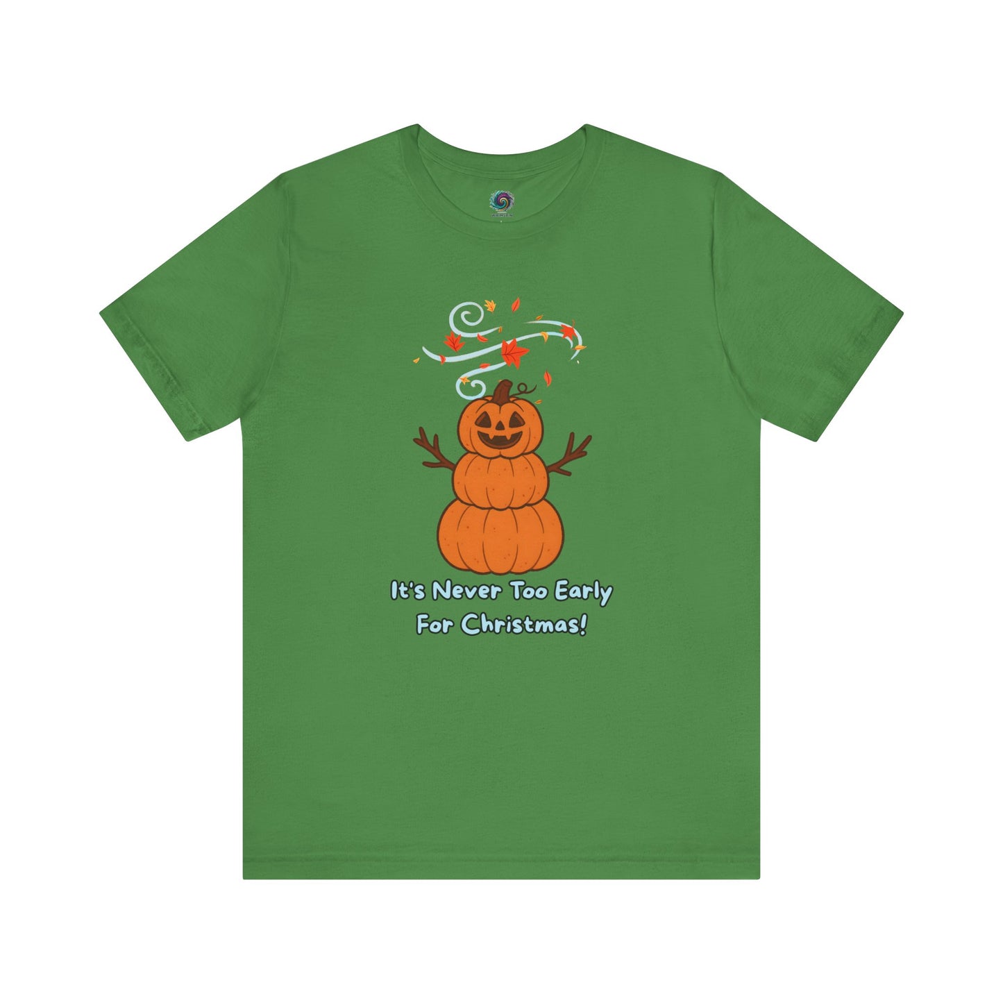 Pumpkin Snowman T-Shirt – It’s Never Too Early for Christmas design on leaf, colorful Halloween snowman shirt for fall-to-winter style.