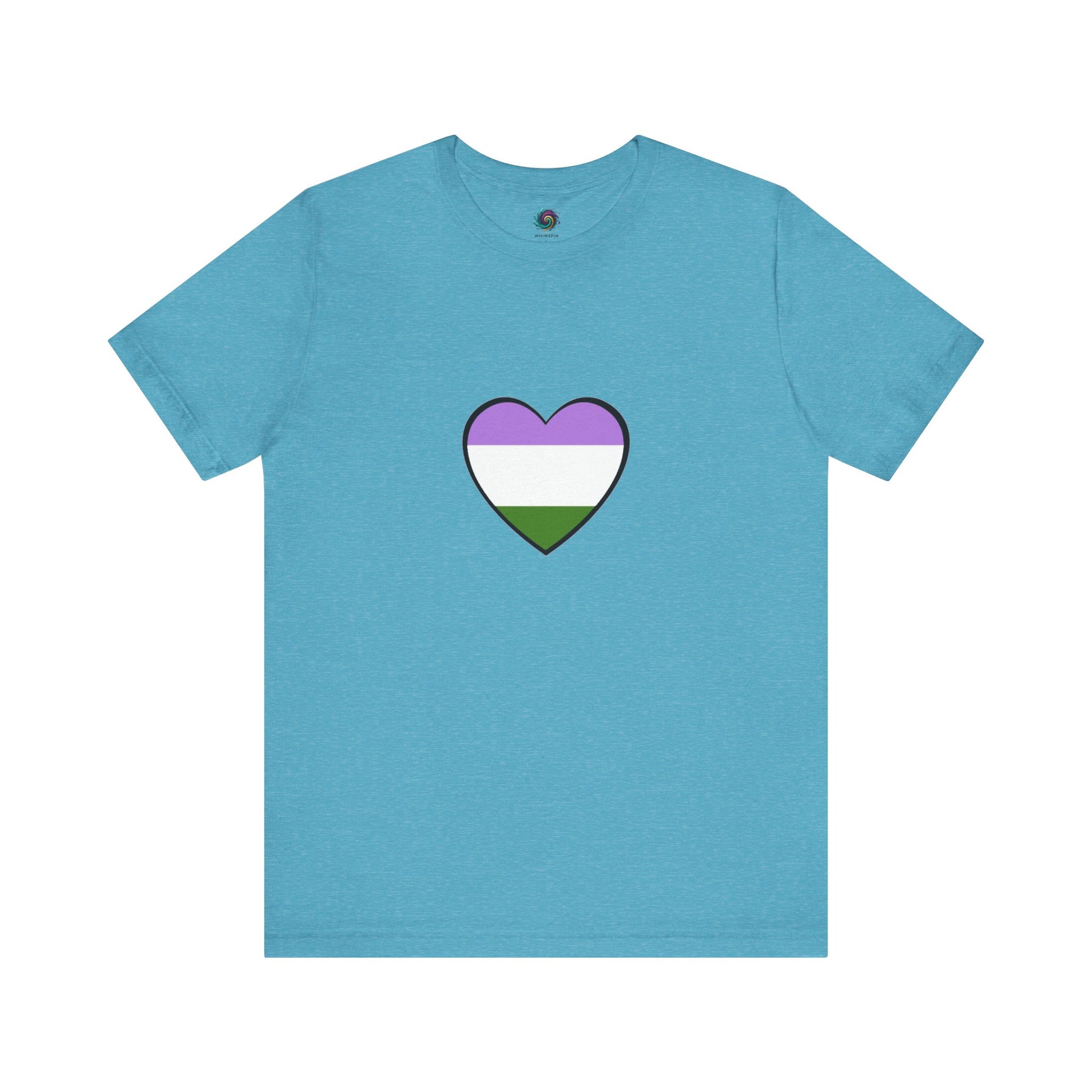 Genderqueer Flag Heart T-Shirt – Unisex LGBTQ+ Graphic Tee in heather aqua, combining softness with a bold genderqueer heart flag for stylish LGBTQ+ visibility.