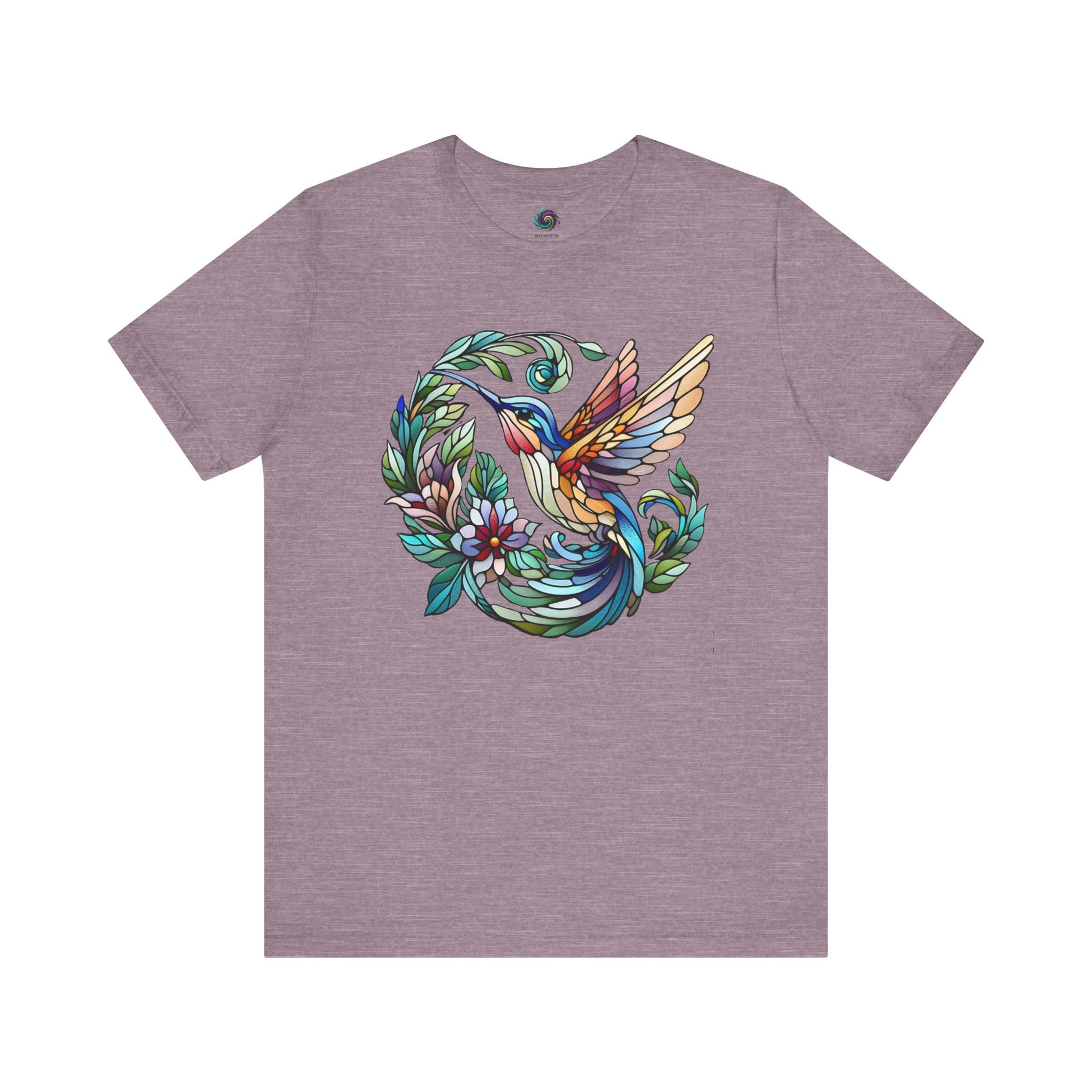 Stained Glass Hummingbird T-Shirt – Colorful Floral Bird Graphic Tee in heather purple with colorful stained glass-style hummingbird and floral detailing.