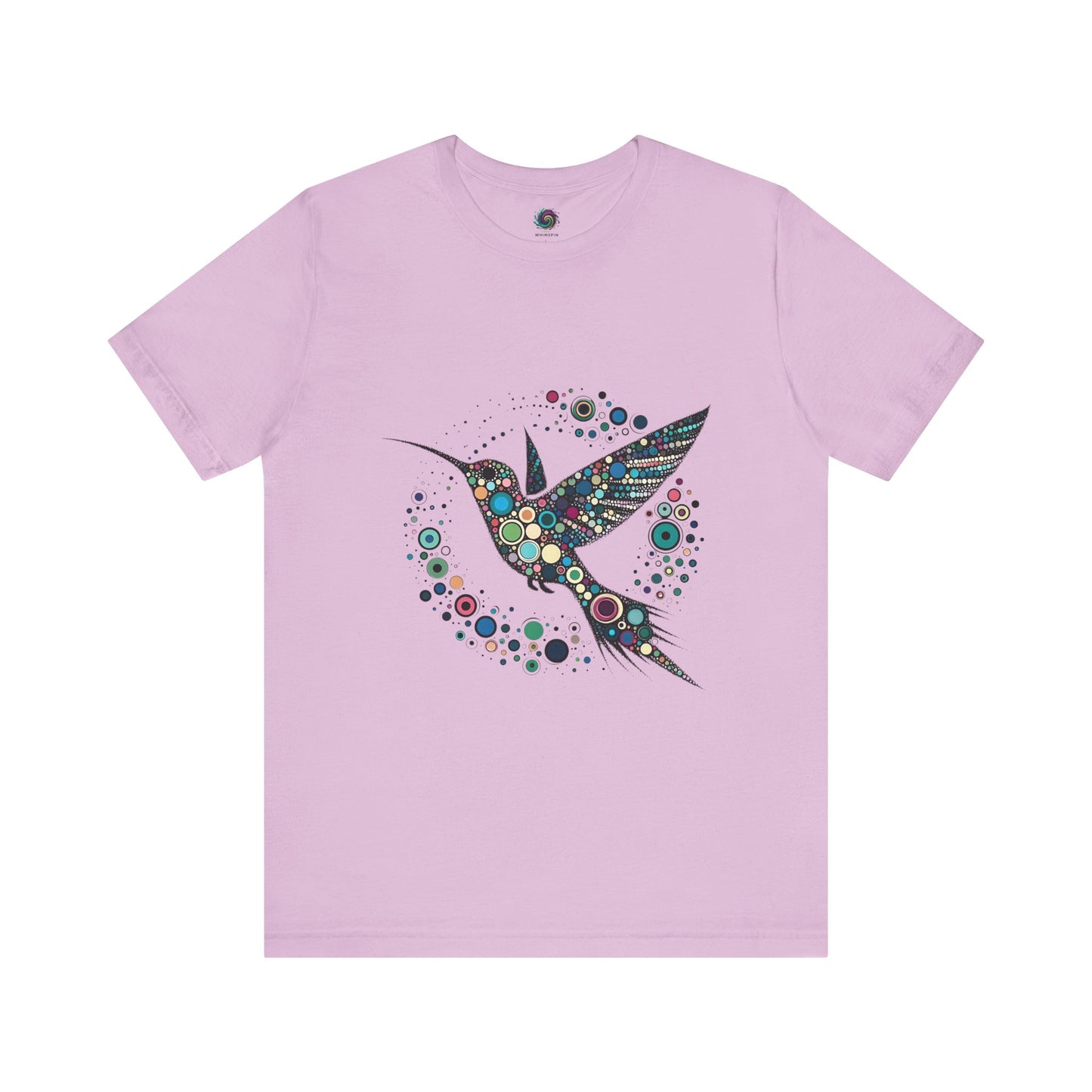 Hummingbird Dot Art T-Shirt – Colorful Nature-Inspired Graphic Tee in light purple, perfect for anyone seeking a playful, springtime hummingbird t shirt with detailed dot art.