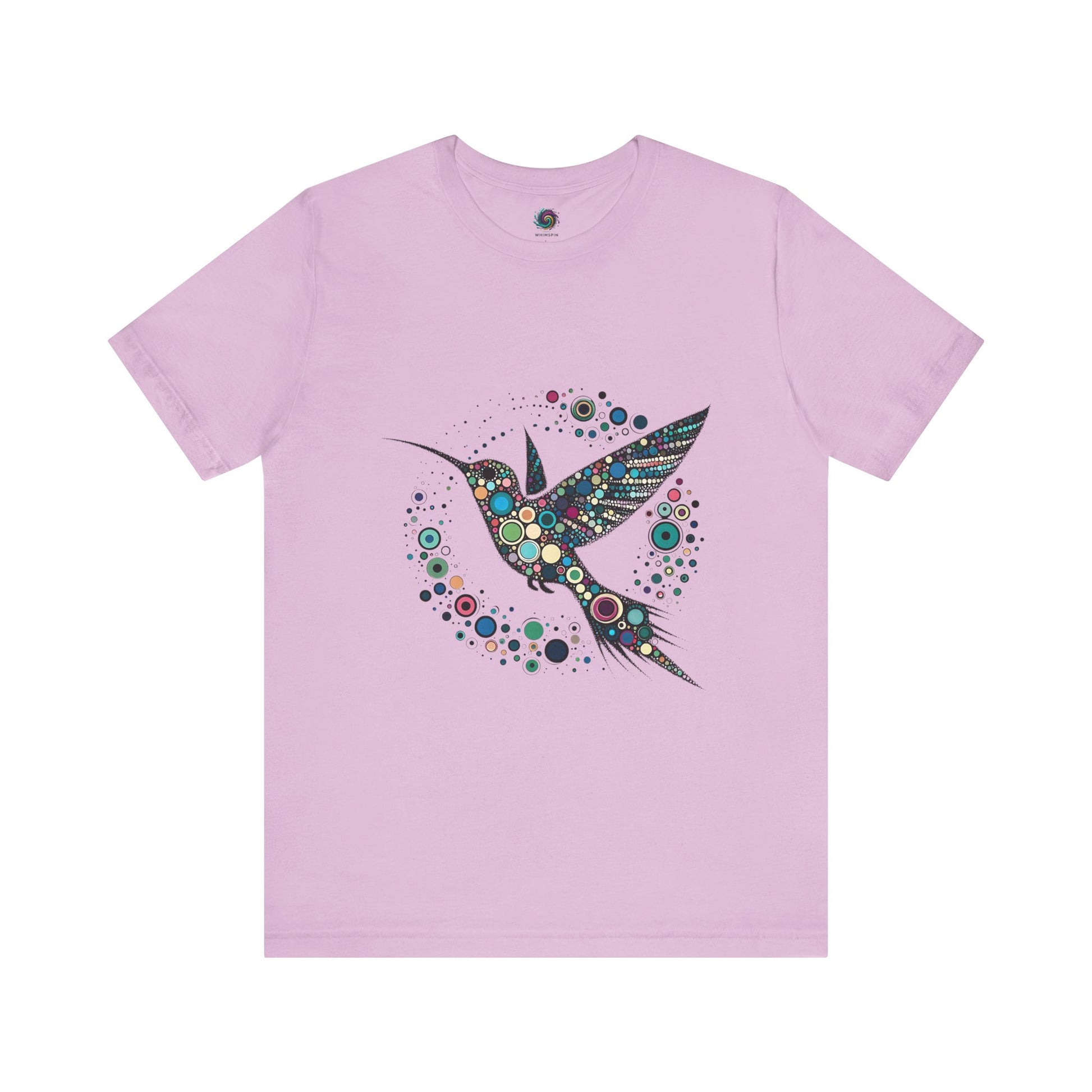 Hummingbird Dot Art T-Shirt – Colorful Nature-Inspired Graphic Tee in light purple, perfect for anyone seeking a playful, springtime hummingbird t shirt with detailed dot art.