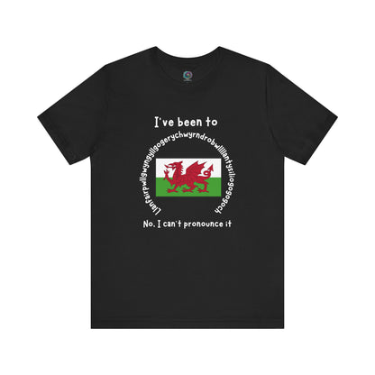 Llanfairpwllgwyngyllgogerychwyrndrobwllllantysiliogogogoch T-Shirt – Funny Wales Travel Merch in classic black featuring the long Welsh town name circling a red dragon flag.