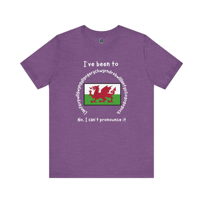Llanfairpwllgwyngyllgogerychwyrndrobwllllantysiliogogogoch T-Shirt – Funny Wales Travel Merch in rich heather purple with tongue-twister town name and national flag.