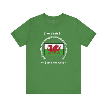 Llanfairpwllgwyngyllgogerychwyrndrobwllllantysiliogogogoch T-Shirt – Funny Wales Travel Merch in leafy green featuring whimsical Welsh text surrounding flag.