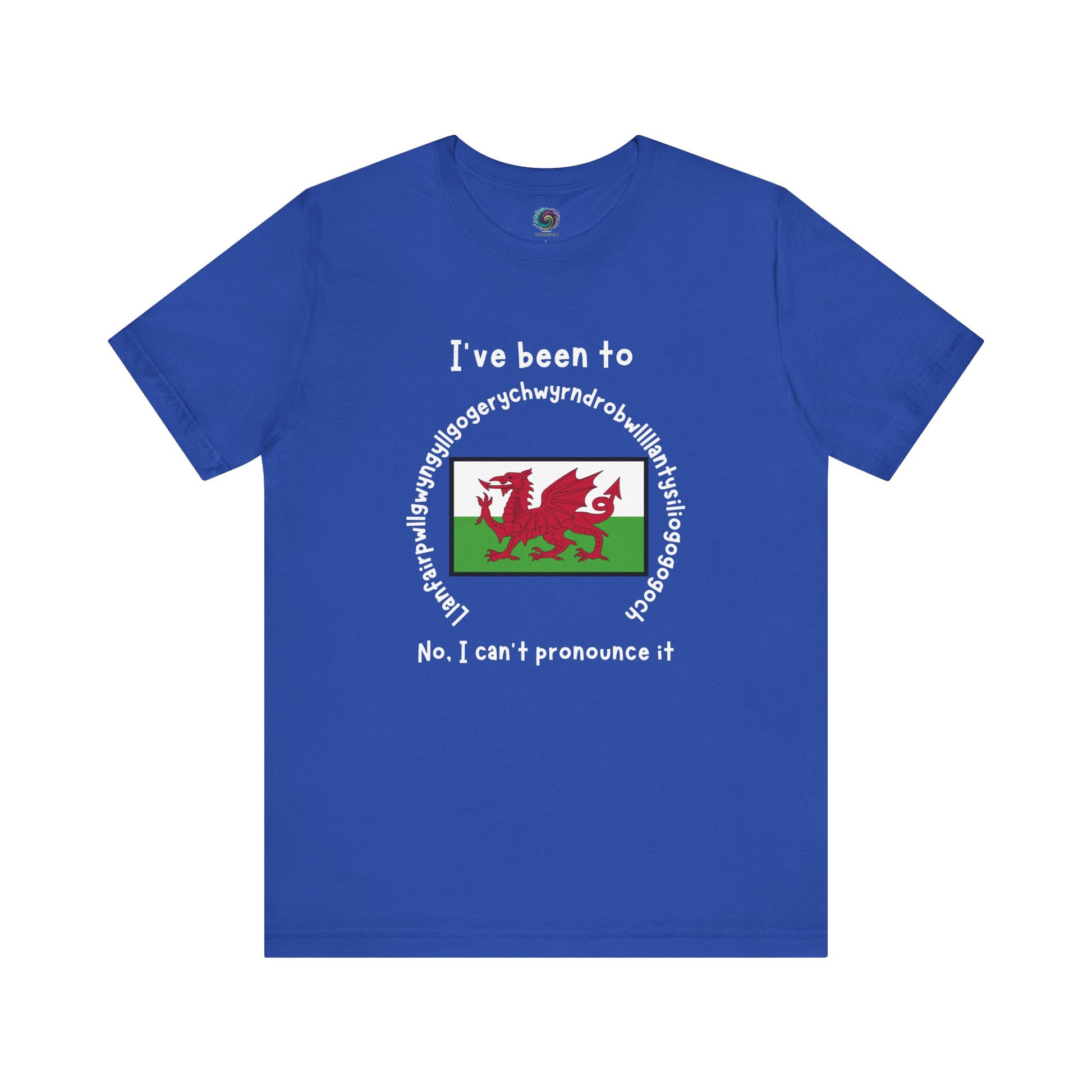 Llanfairpwllgwyngyllgogerychwyrndrobwllllantysiliogogogoch T-Shirt – Funny Wales Travel Merch in bright true royal blue, showcasing a playful Wales-inspired design.