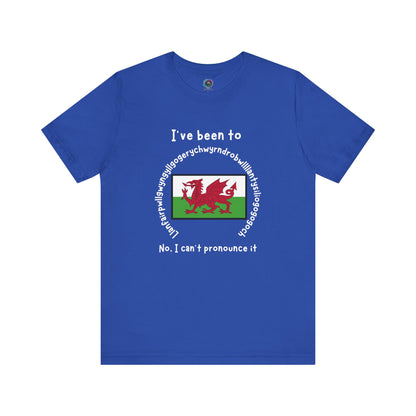 Llanfairpwllgwyngyllgogerychwyrndrobwllllantysiliogogogoch T-Shirt – Funny Wales Travel Merch in bright true royal blue, showcasing a playful Wales-inspired design.