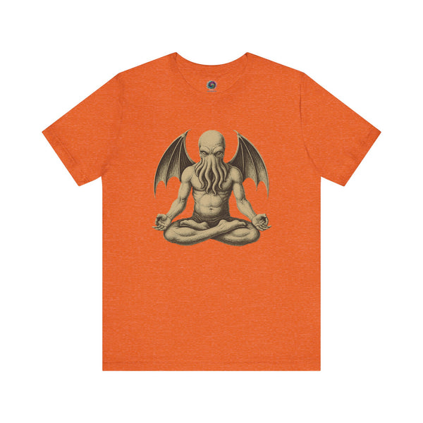 Meditating Cthulhu Shirt – Unisex Mythos Tee for Sci-Fi & Festival Fans in heather orange, fusing bright color with the meditating Cthulhu theme for horror-comedy lovers.