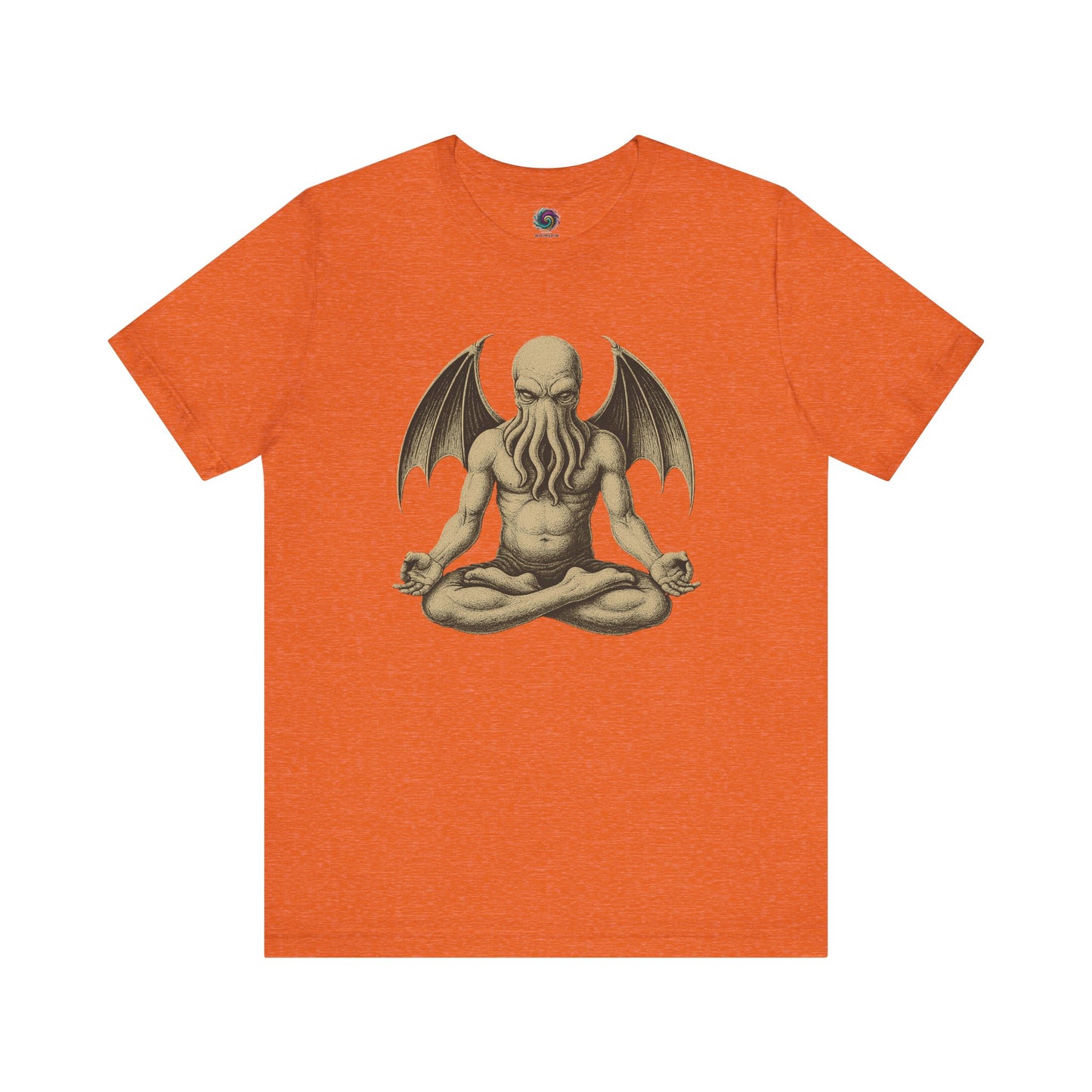 Meditating Cthulhu Shirt – Unisex Mythos Tee for Sci-Fi & Festival Fans in heather orange, fusing bright color with the meditating Cthulhu theme for horror-comedy lovers.