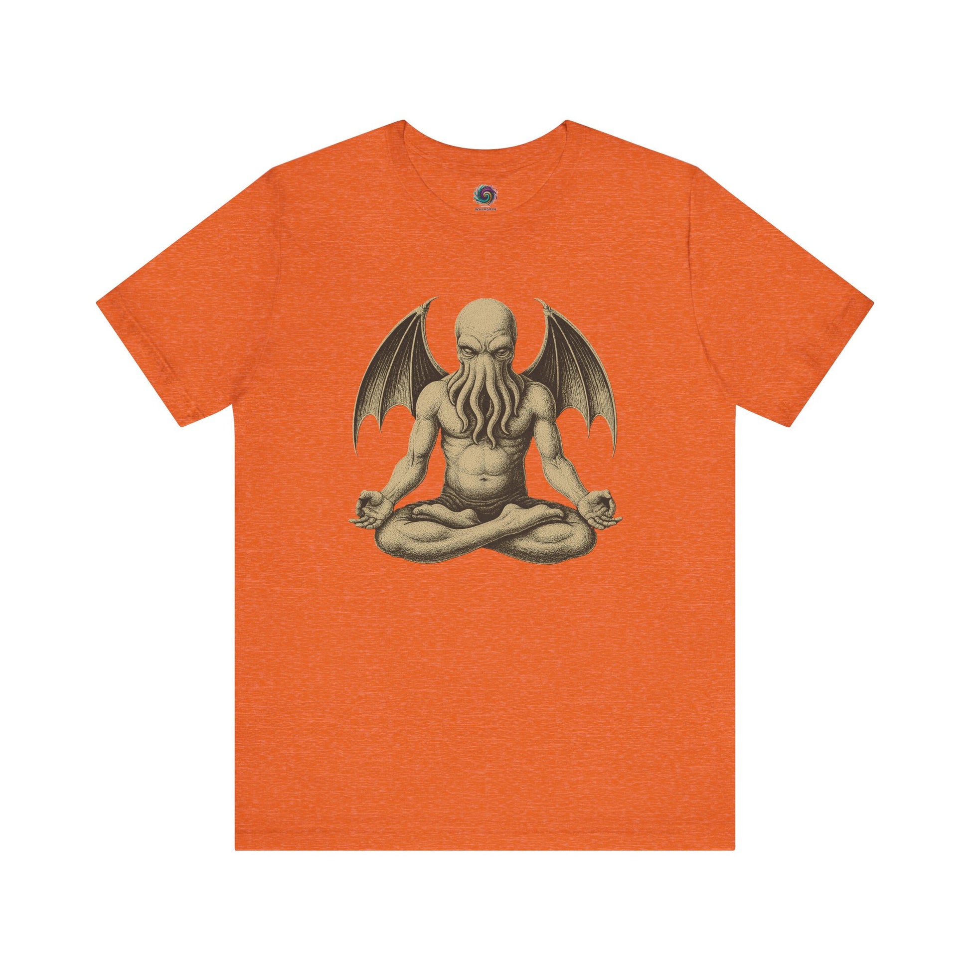 Meditating Cthulhu Shirt – Unisex Mythos Tee for Sci-Fi & Festival Fans in heather orange, fusing bright color with the meditating Cthulhu theme for horror-comedy lovers.