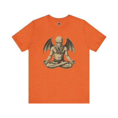 Meditating Cthulhu Shirt – Unisex Mythos Tee for Sci-Fi & Festival Fans in heather orange, fusing bright color with the meditating Cthulhu theme for horror-comedy lovers.