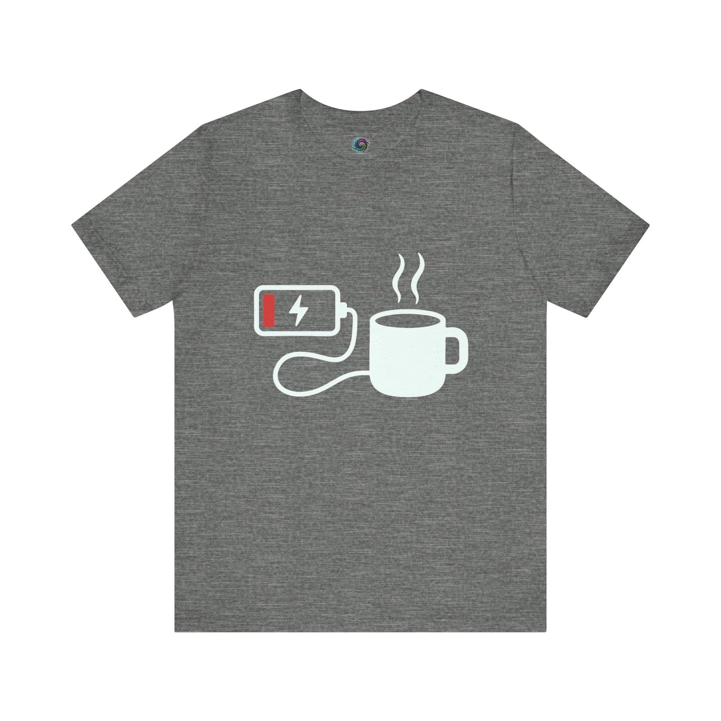 Low Battery Need Coffee T-Shirt in deep heather, a funny coffee shirt for work-from-home caffeine addicts