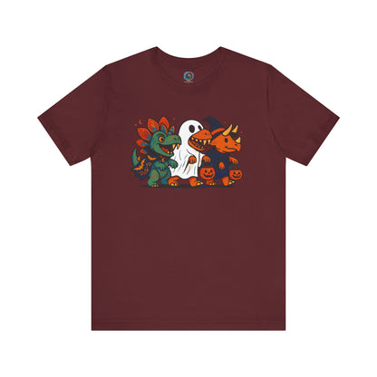 Maroon t-shirt with Halloween-themed dinosaur graphics on a white background