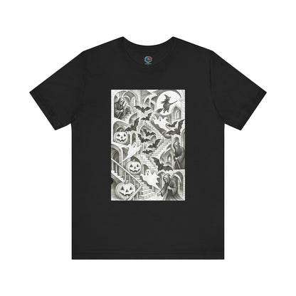 Black Halloween t-shirt with Escher-style stair illusion and ghosts, vampires, bats, and jack-o-lanterns