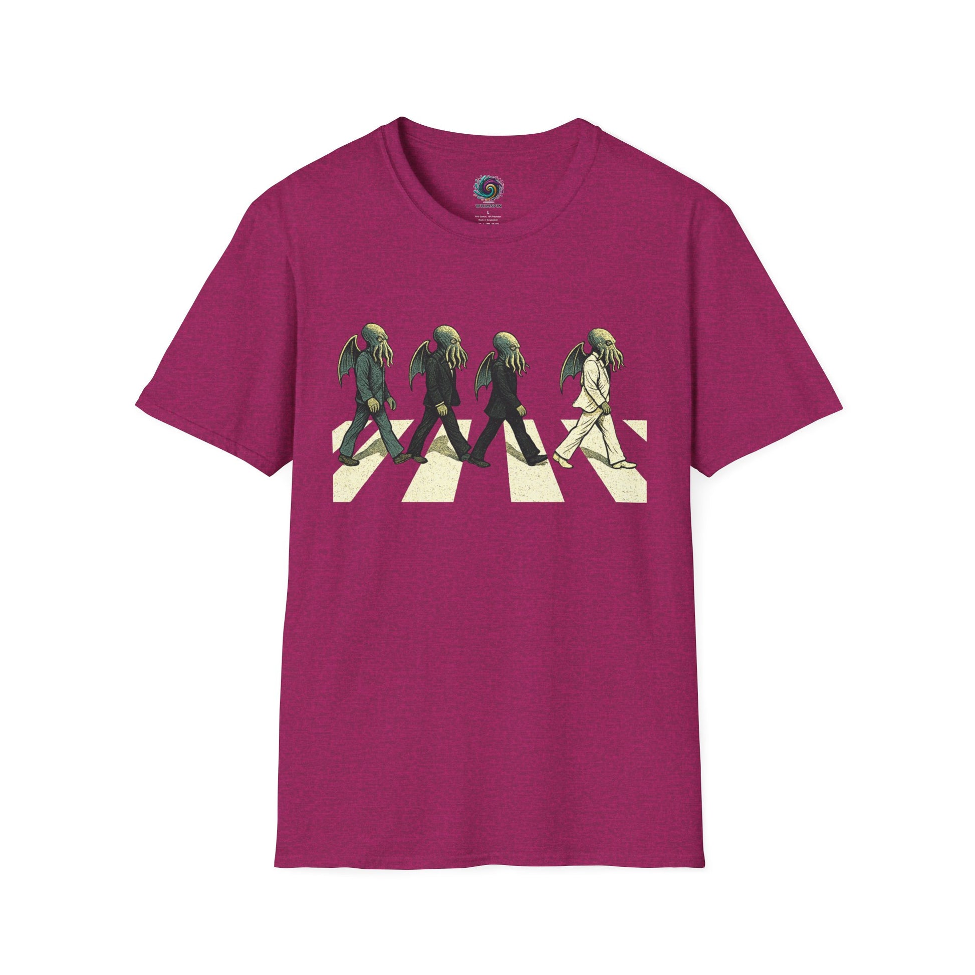 MAgenta t-shirt with a graphic of four Cthulhus wearing suits crossing a zebra crossing on a white background