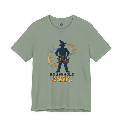 Sage Household Repair Wizard T-Shirt featuring fantasy-inspired repair wizard design for handy dads and DIY enthusiasts