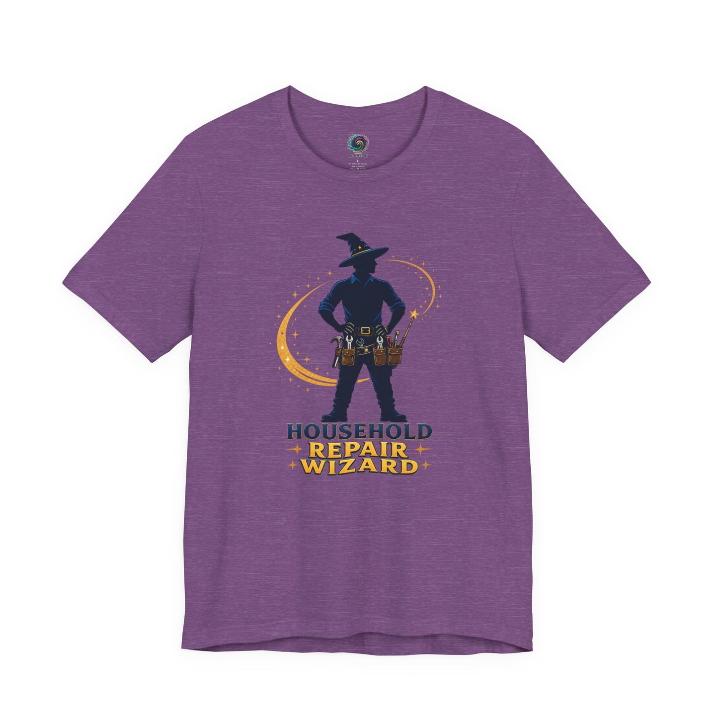 Heather Team Purple Household Repair Wizard T-Shirt featuring fantasy-style handy dad wizard artwork with tools and sparkles