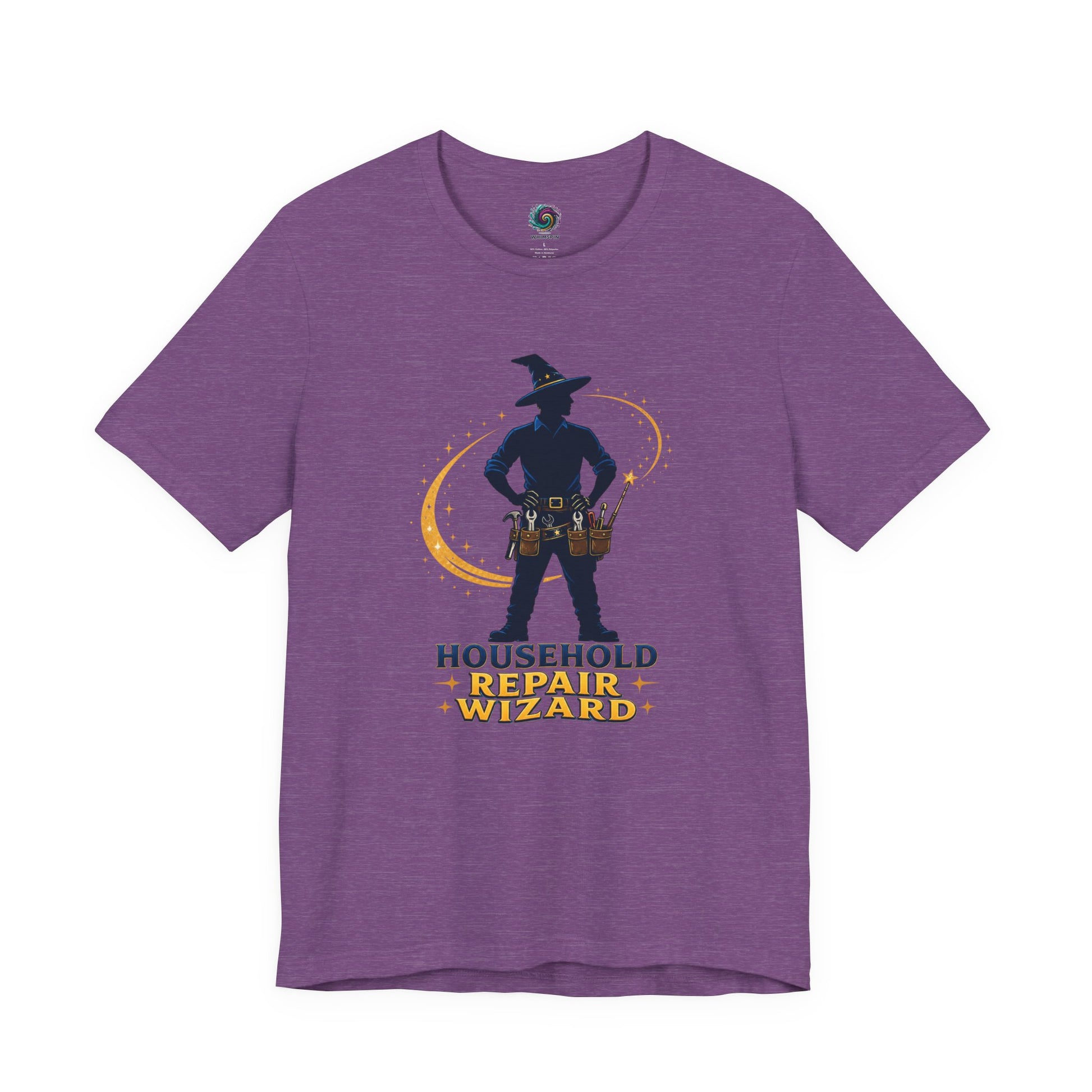 Heather Team Purple Household Repair Wizard T-Shirt featuring fantasy-style handy dad wizard artwork with tools and sparkles