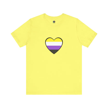 Nonbinary Pride Flag Heart T-Shirt – LGBTQ+ Nonbinary Flag Graphic Tee in maize yellow, featuring the iconic nonbinary flag heart for joyful gender inclusion.