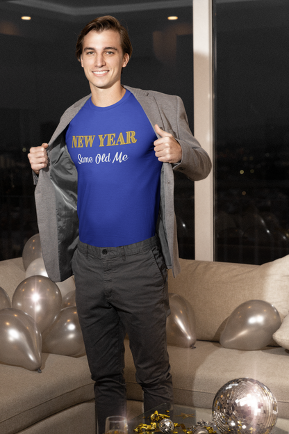 Image of a man wearing the New Year Same Old Me T-Shirt – Funny Self-Confidence Tee in blue, styled with a blazer and surrounded by New Year decorations indoors.