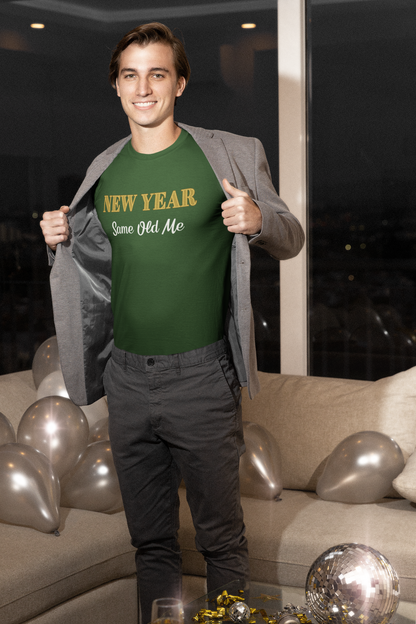 Image of a man wearing the New Year Same Old Me T-Shirt – Funny Self-Confidence Tee in green, posing confidently in a festive indoor New Year celebration setting.