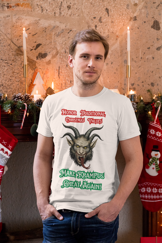 Make Krampus Great Again Traditional Christmas Humor Tee in white, worn by man at fireplace