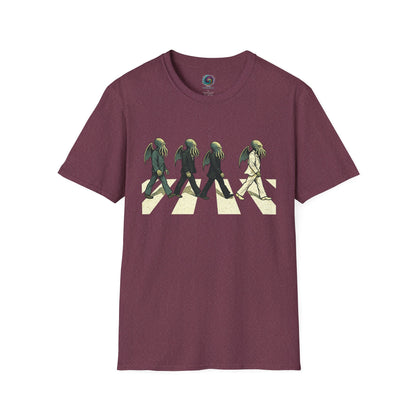 Maroon Cthulhu Crossing T-Shirt – Beatles Abbey Road Parody Tee | WhimSpin - WhimSpin - https://whimspin.com