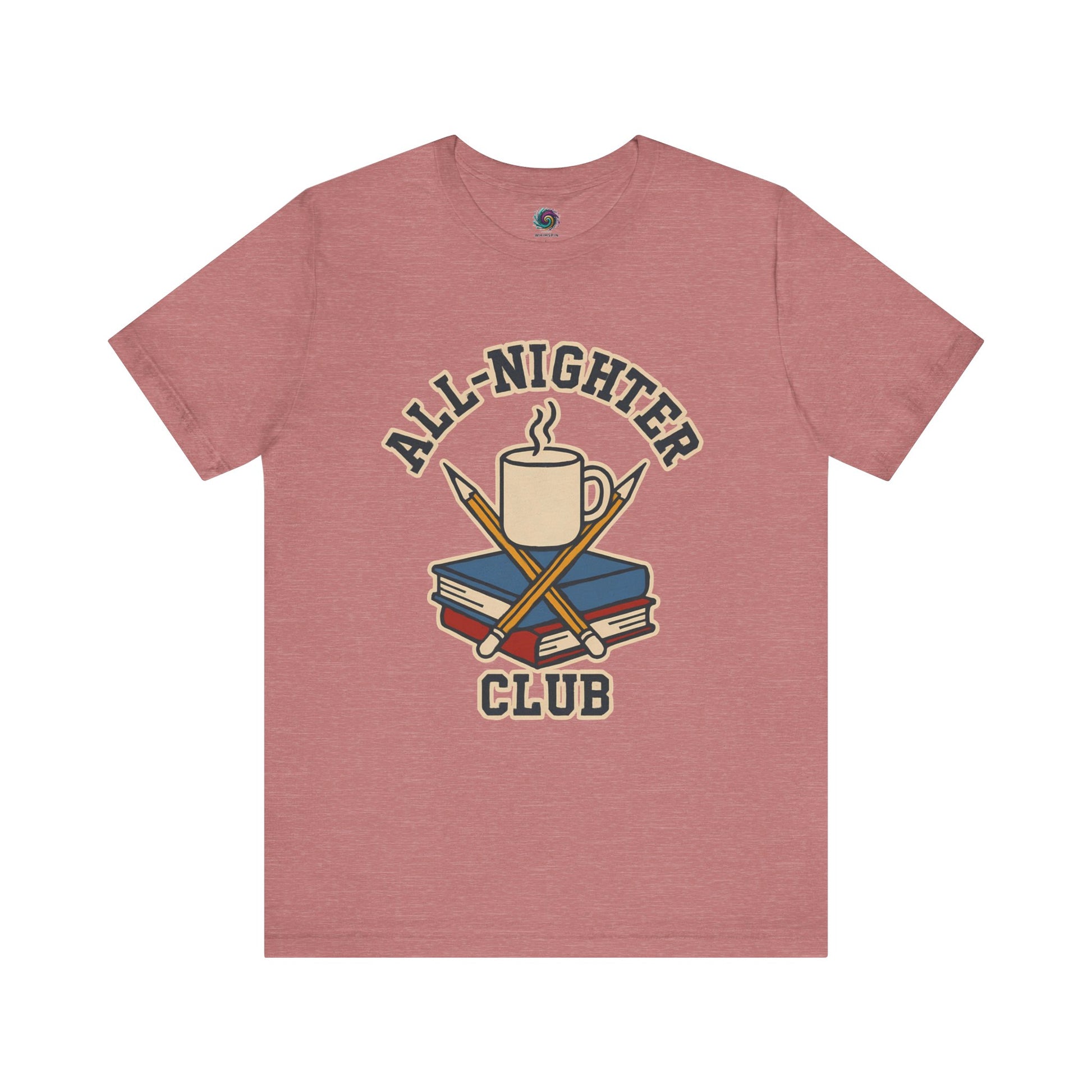 Mauve t-shirt with 'All-Nighter Club' graphic design featuring a mug, books, and crossed sticks on a white background. All-Nighter Club T-Shirt – Funny Caffeine & Study Tee for Night Owls