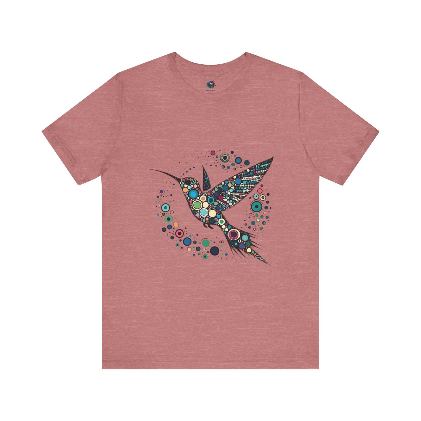 Hummingbird Dot Art T-Shirt – Colorful Nature-Inspired Graphic Tee in dusty mauve, with striking dotted hummingbird illustration that elevates the classic hummingbird t shirt.