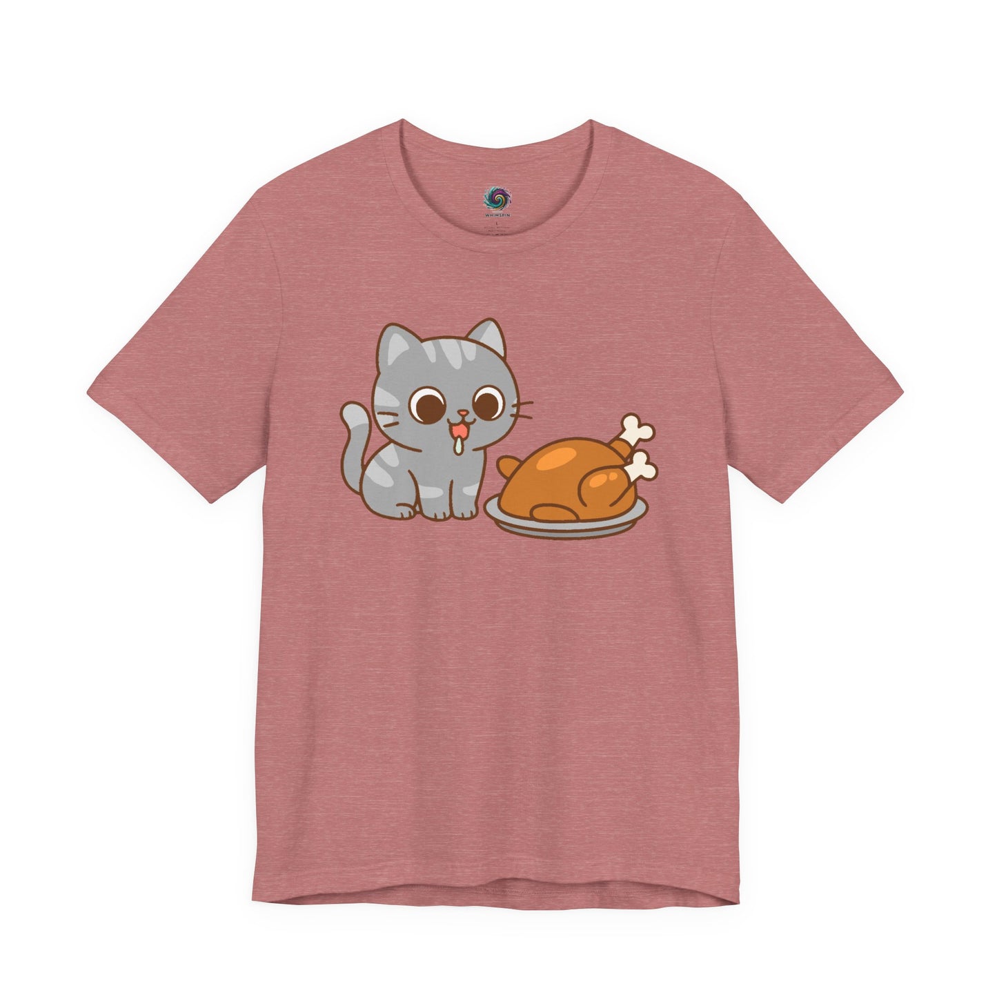 Thanksgiving Cat T-Shirt – Cute Hungry Cat and Turkey Tee in heather mauve with sweet gray cat and plated turkey