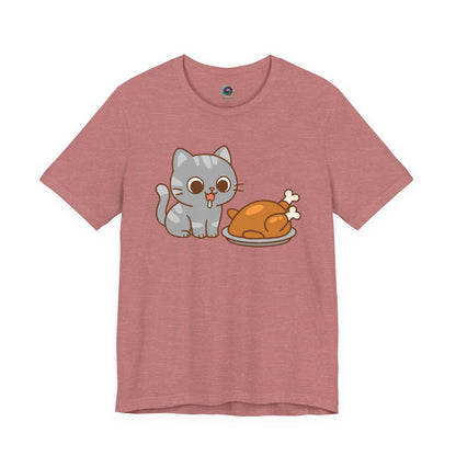 Thanksgiving Cat T-Shirt – Cute Hungry Cat and Turkey Tee in heather mauve with sweet gray cat and plated turkey