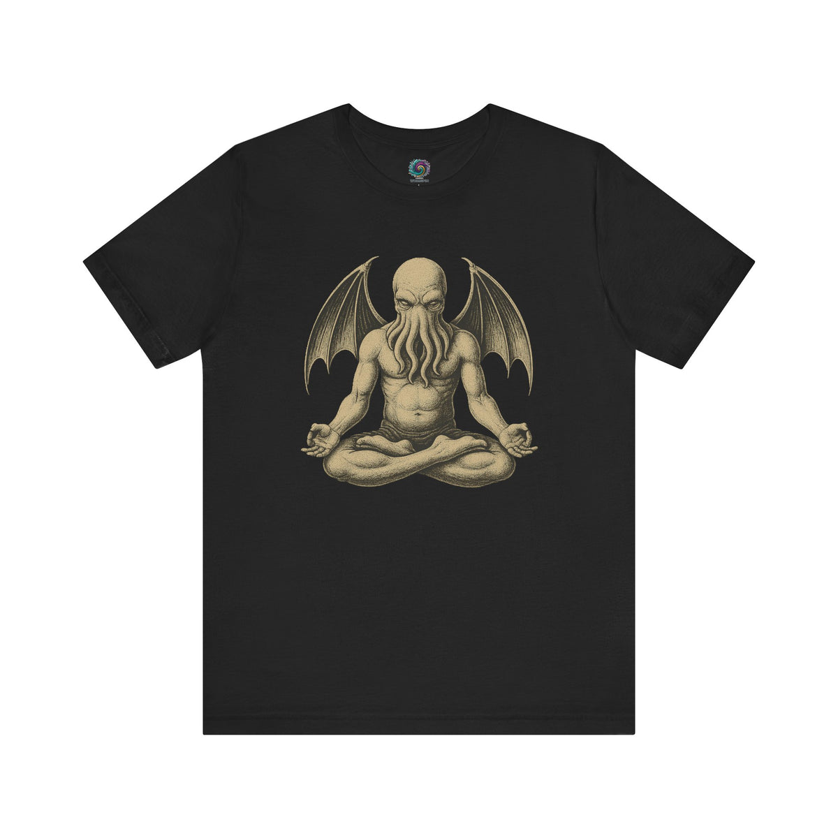Meditating Cthulhu Shirtt – Unisex Mythos Tee for Sci-Fi & Festival Fans in black, featuring a stylized zen Cthulhu illustration, ideal for mythos fans and lovers of the meditating Cthulhu shirt aesthetic.