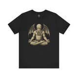 Meditating Cthulhu Shirtt – Unisex Mythos Tee for Sci-Fi & Festival Fans in black, featuring a stylized zen Cthulhu illustration, ideal for mythos fans and lovers of the meditating Cthulhu shirt aesthetic.