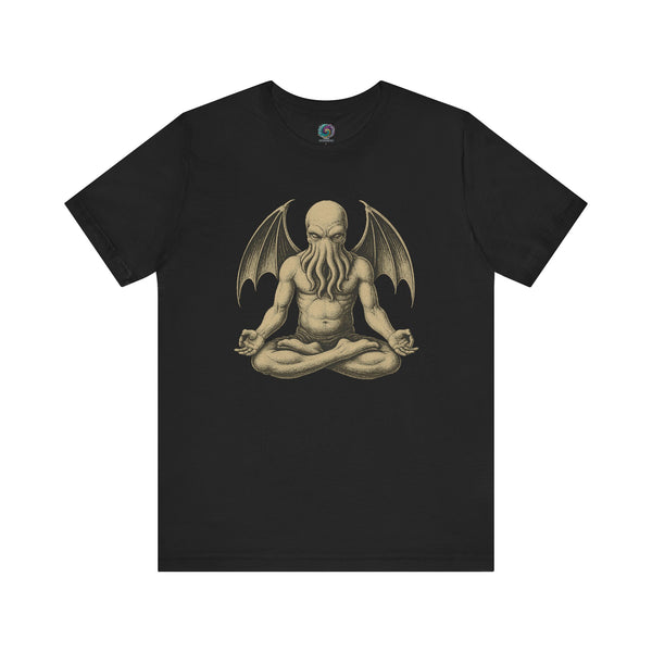 Meditating Cthulhu Shirtt – Unisex Mythos Tee for Sci-Fi & Festival Fans in black, featuring a stylized zen Cthulhu illustration, ideal for mythos fans and lovers of the meditating Cthulhu shirt aesthetic.