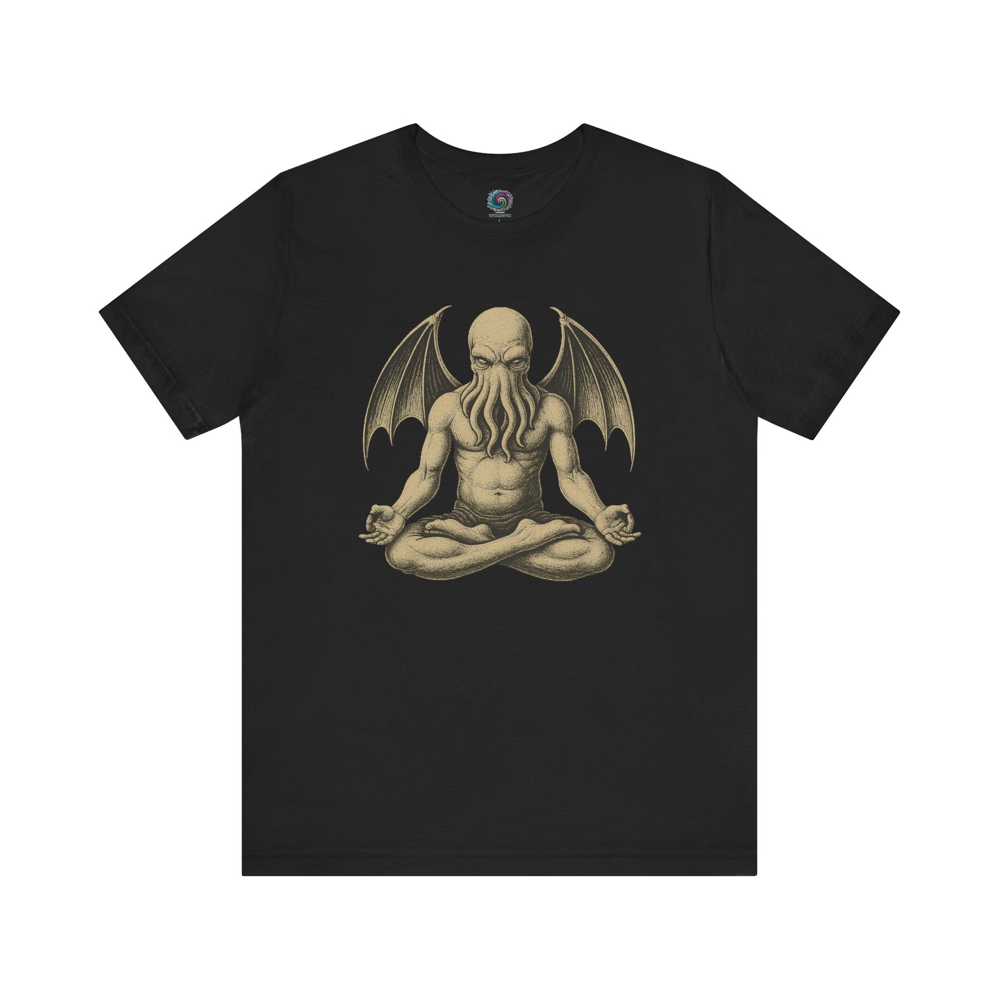 Meditating Cthulhu Shirtt – Unisex Mythos Tee for Sci-Fi & Festival Fans in black, featuring a stylized zen Cthulhu illustration, ideal for mythos fans and lovers of the meditating Cthulhu shirt aesthetic.