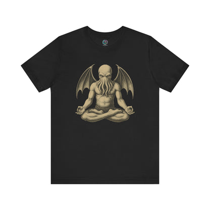 Meditating Cthulhu Shirtt – Unisex Mythos Tee for Sci-Fi & Festival Fans in black, featuring a stylized zen Cthulhu illustration, ideal for mythos fans and lovers of the meditating Cthulhu shirt aesthetic.