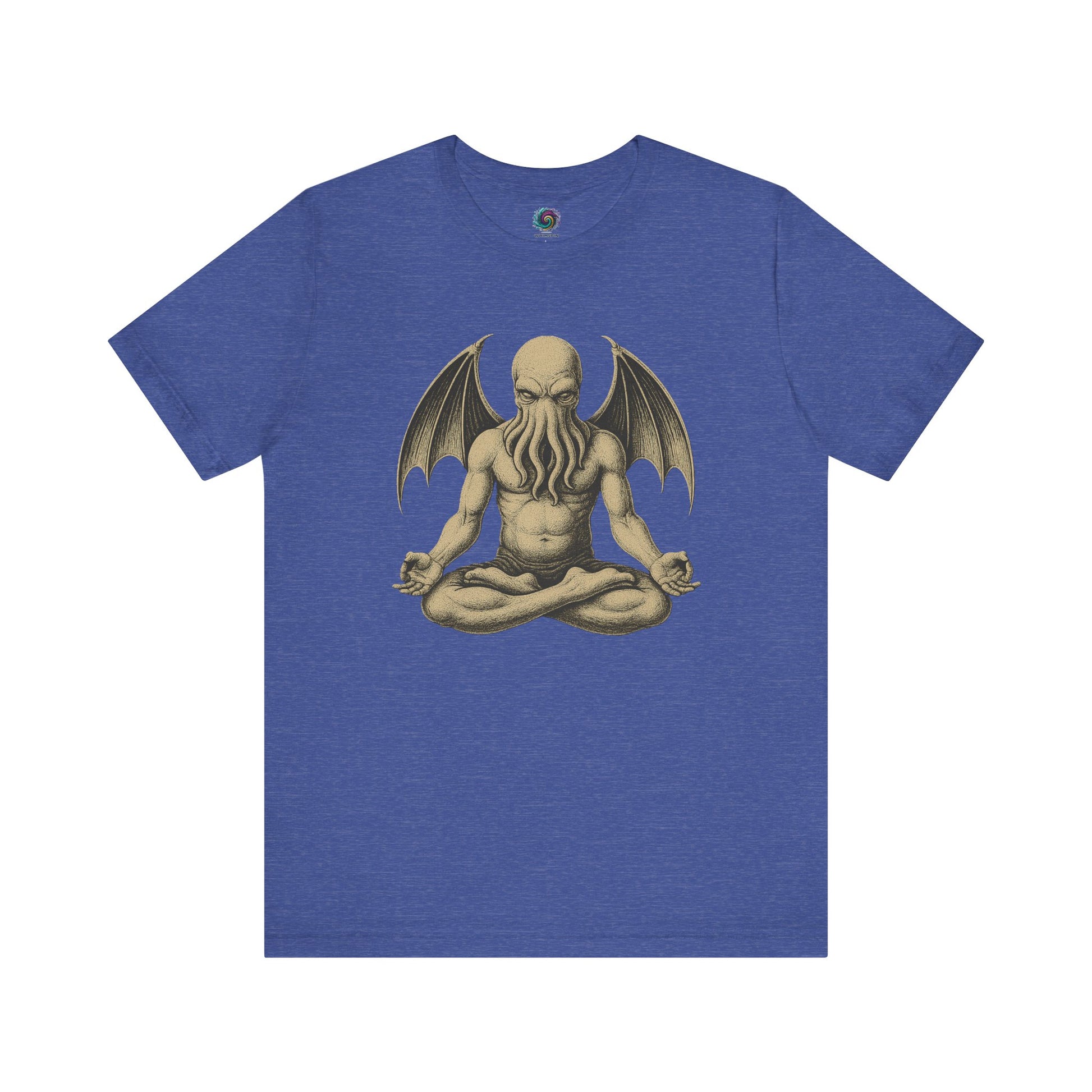Meditating Cthulhu Shirt – Unisex Mythos Tee for Sci-Fi & Festival Fans in heather true royal, offering a mystical, calming Lovecraft design in cool tones.